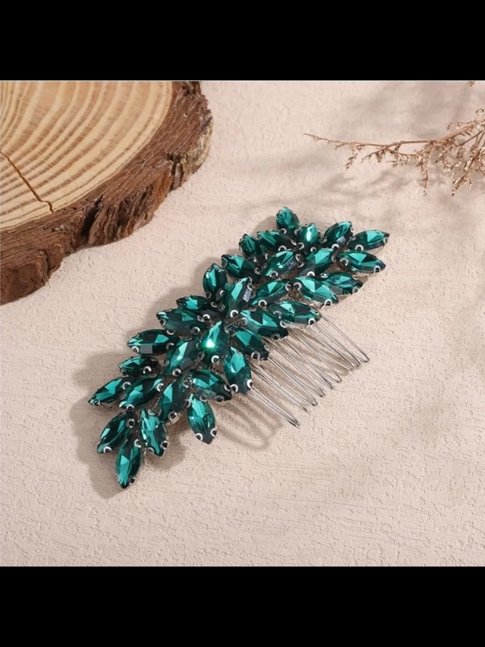 💄 Emerald Green Crystal Leaf Hair Comb